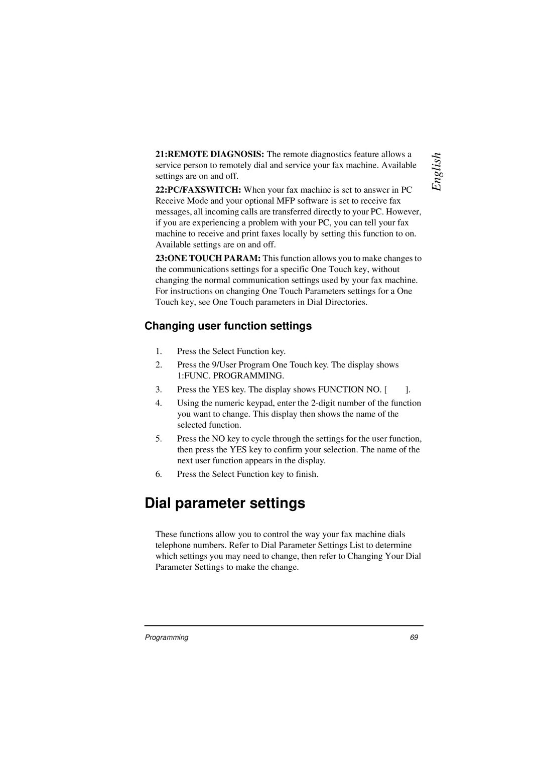 Oki 5400 manual Dial parameter settings, Changing user function settings 