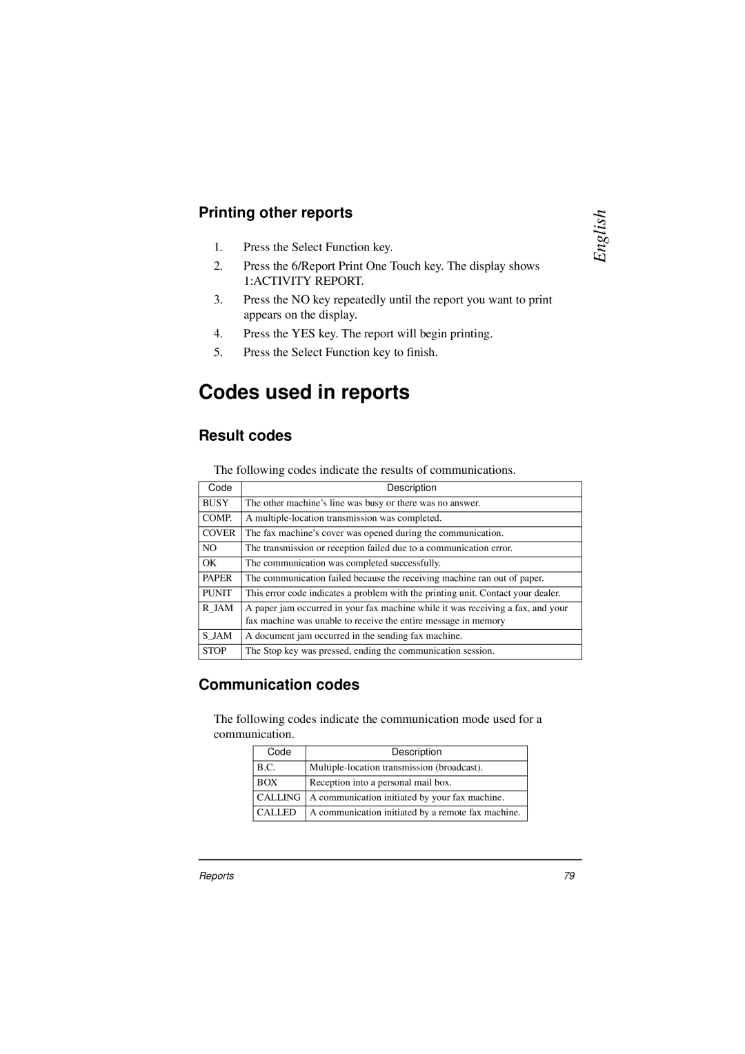 Oki 5400 manual Codes used in reports, Printing other reports, Result codes, Communication codes 