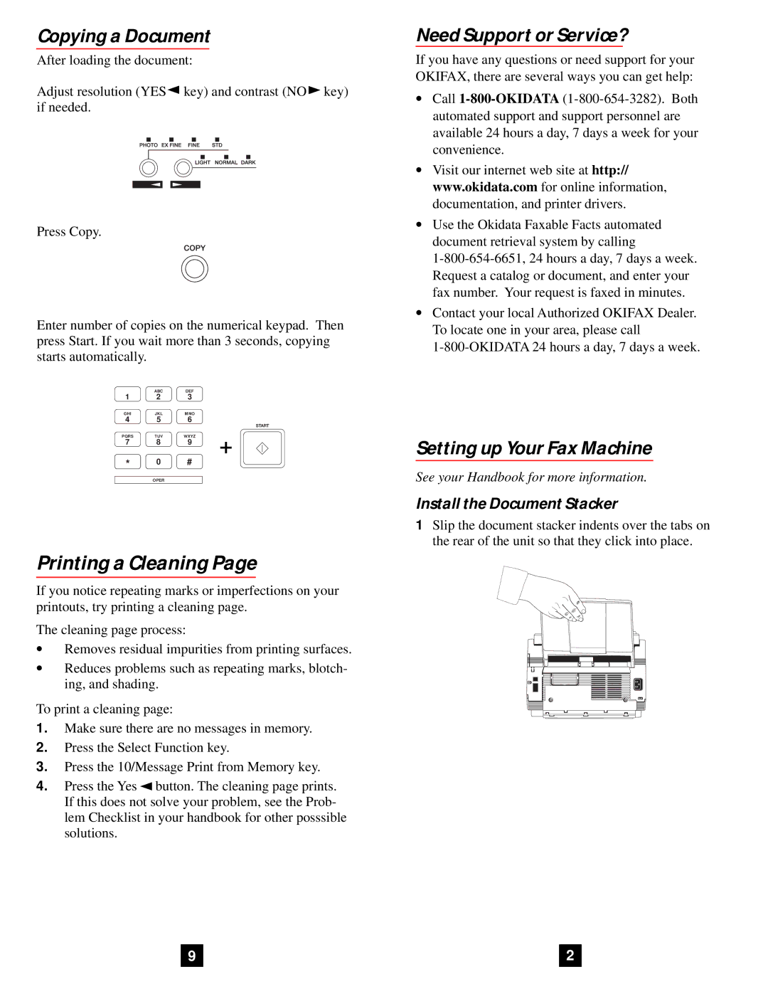 Oki 5600 Plus quick start Printing a Cleaning, Copying a Document, Need Support or Service?, Setting up Your Fax Machine 