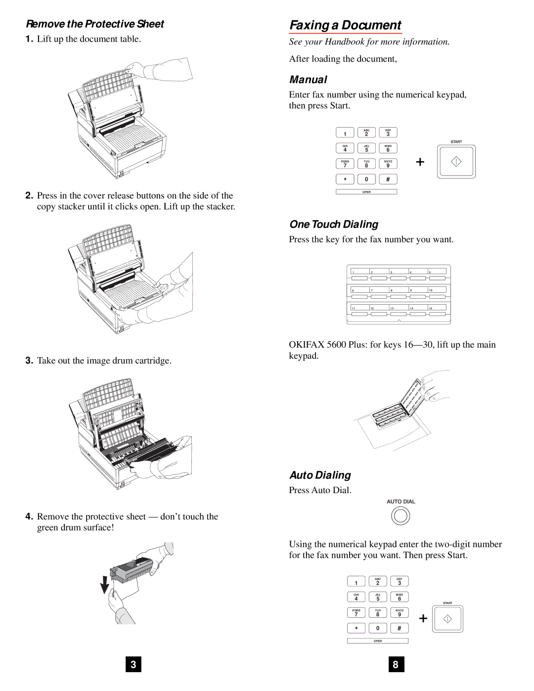 Oki 5600 Plus quick start Faxing a Document, Remove the Protective Sheet, Manual, One Touch Dialing, Auto Dialing 