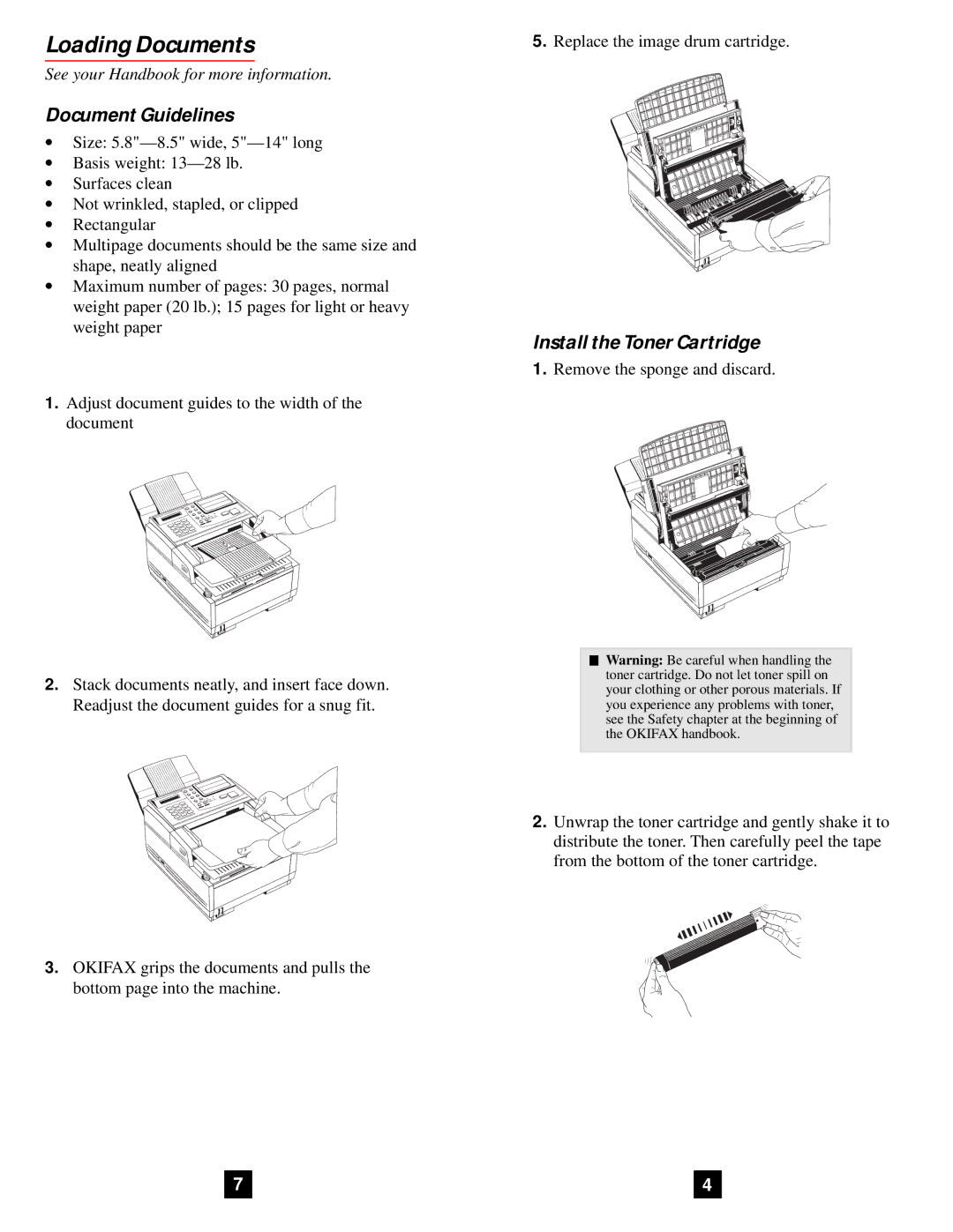 Oki 5600 Plus quick start Loading Documents, Document Guidelines, Install the Toner Cartridge 