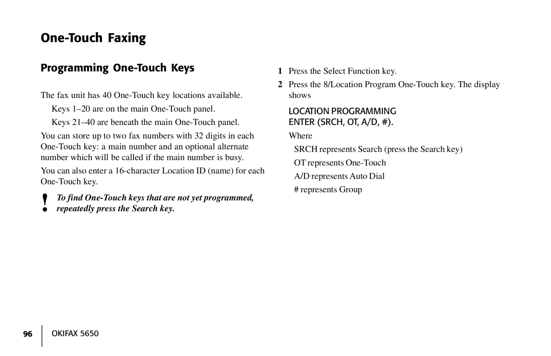 Oki 5650 manual One-Touch Faxing, Programming One-Touch Keys 