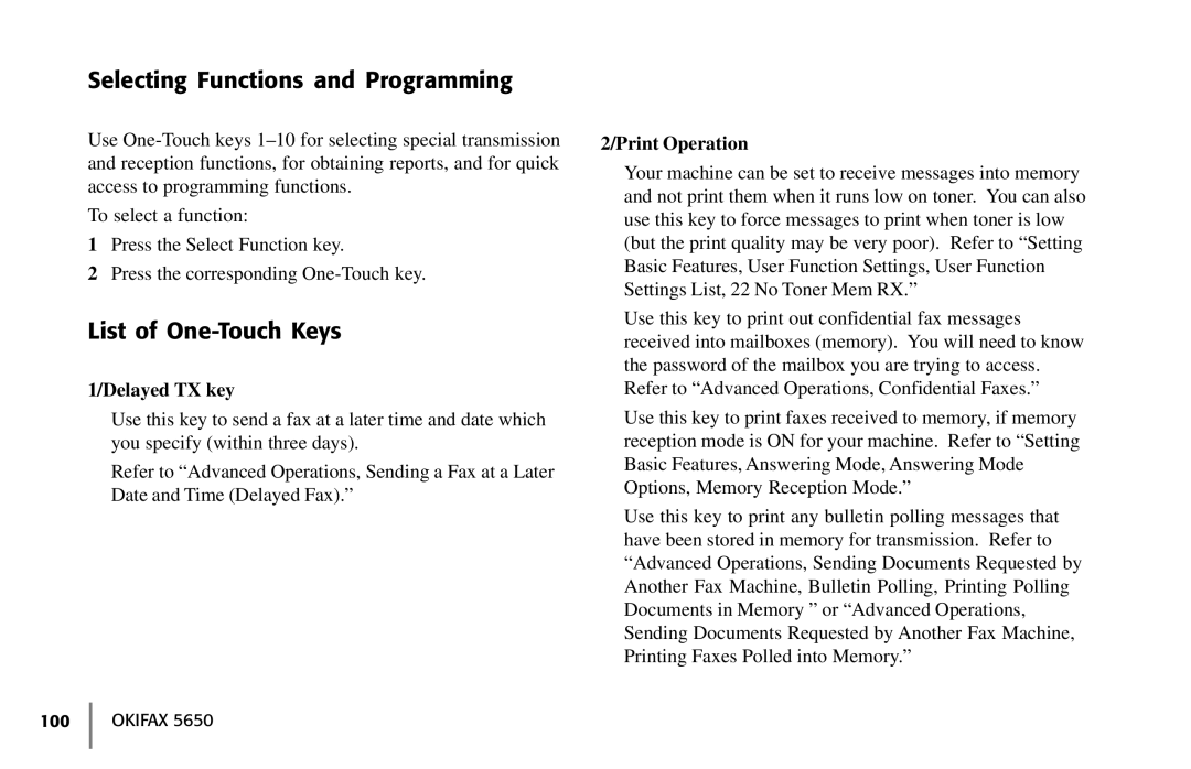 Oki 5650 manual Selecting Functions and Programming, List of One-Touch Keys, Print Operation 