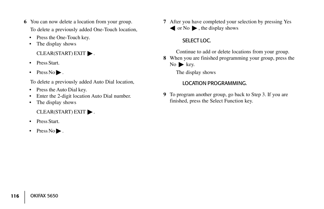 Oki 5650 manual Select LOC, Location Programming 