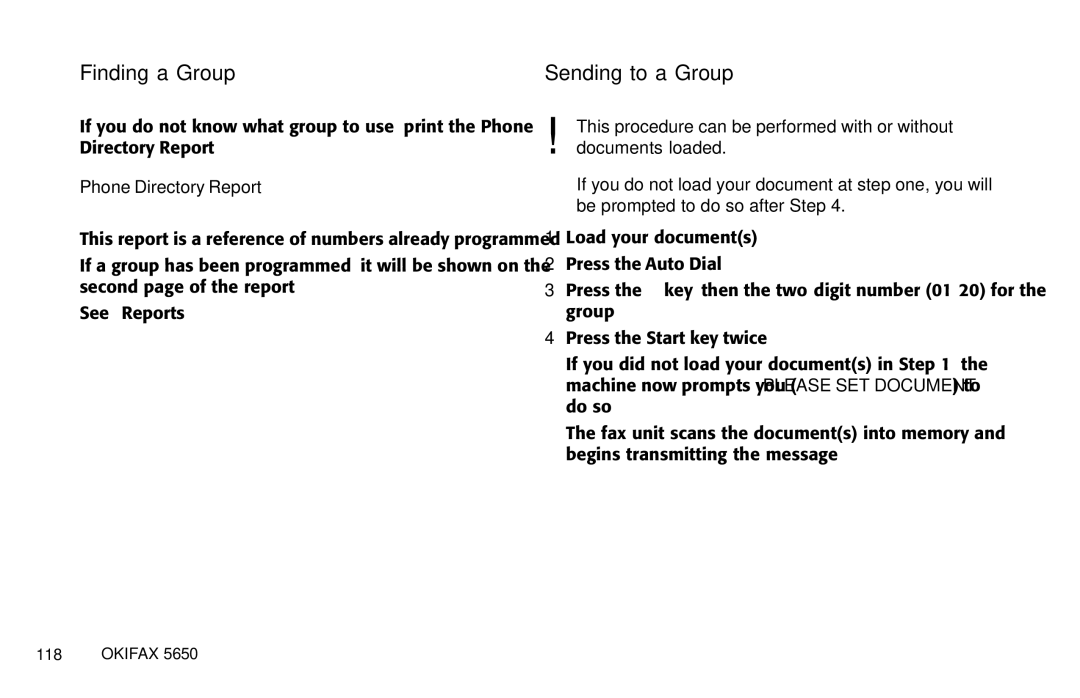 Oki 5650 manual Finding a Group, Sending to a Group, Phone Directory Report 