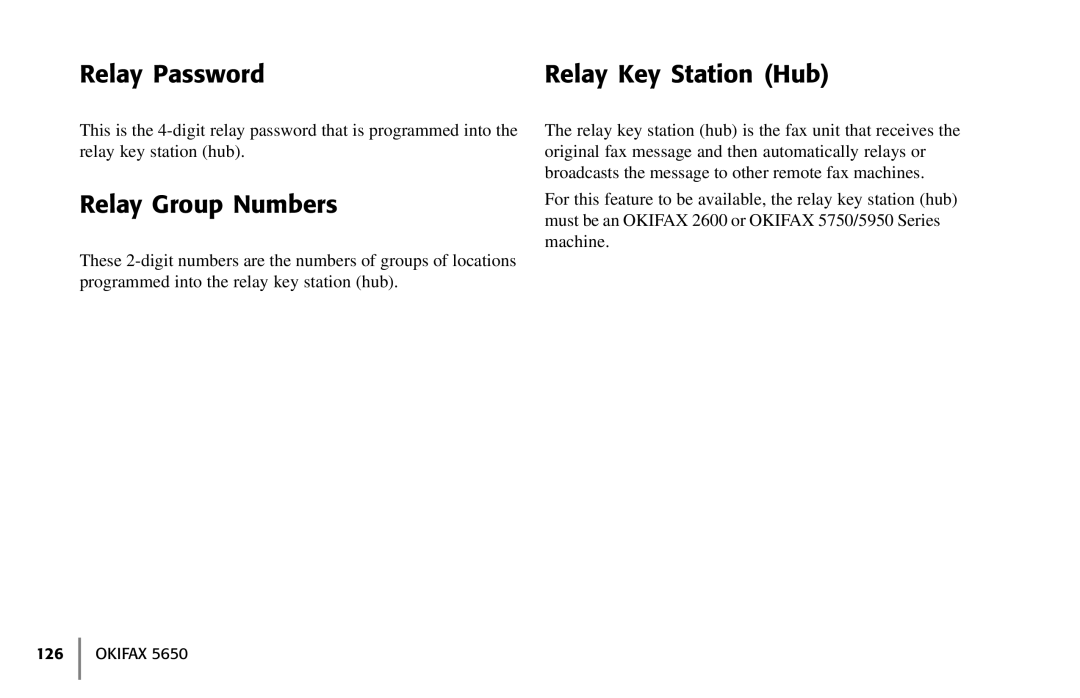 Oki 5650 manual Relay Password Relay Key Station Hub, Relay Group Numbers 