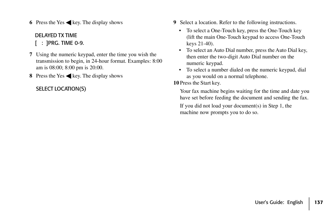 Oki 5650 manual Delayed TX Time, PRG. Time, Select Locations 