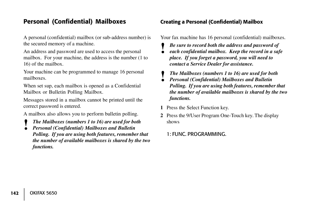 Oki 5650 manual Personal Confidential Mailboxes, Creating a Personal Confidential Mailbox, FUNC. Programming 