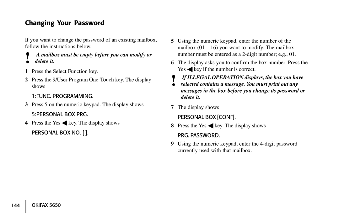 Oki 5650 manual Changing Your Password, Personal BOX Conf, PRG. Password 