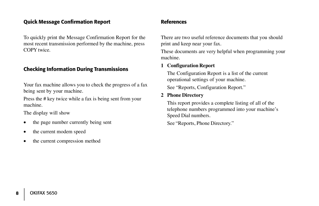 Oki 5650 Quick Message Confirmation Report, Checking Information During Transmissions, References, Configuration Report 