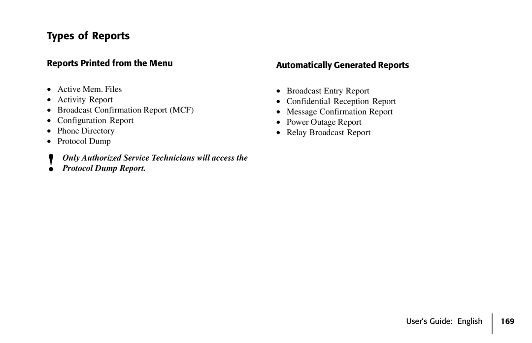 Oki 5650 manual Types of Reports 