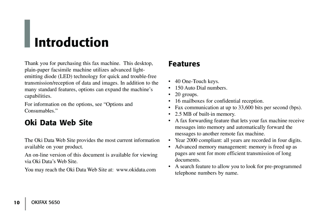 Oki 5650 manual Introduction, Oki Data Web Site, Features 