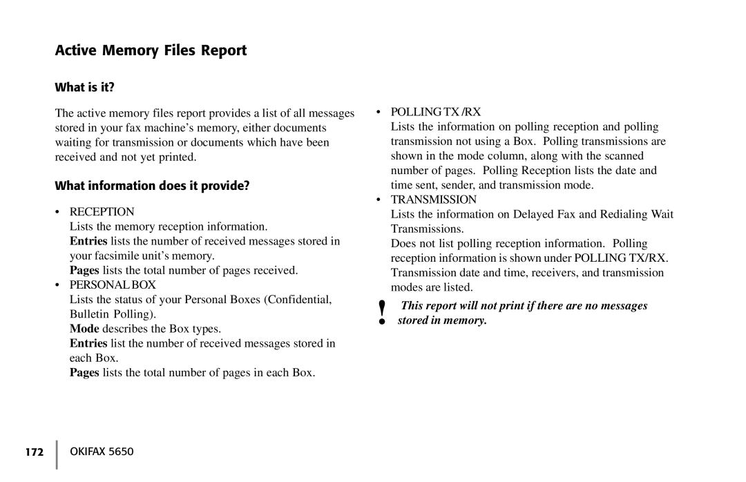 Oki 5650 manual Active Memory Files Report, What information does it provide? 