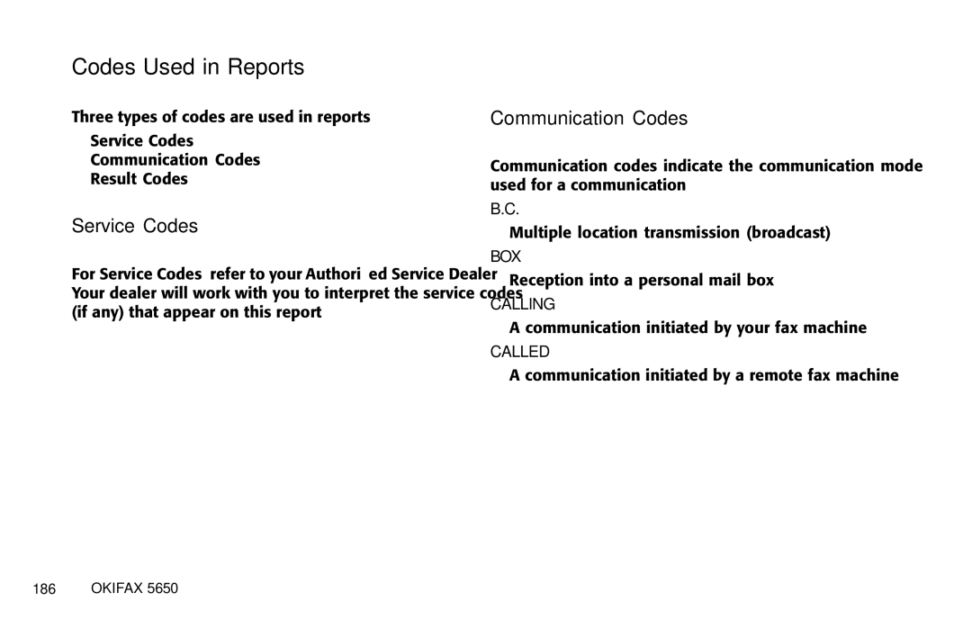 Oki 5650 manual Codes Used in Reports, Service Codes, Communication Codes 