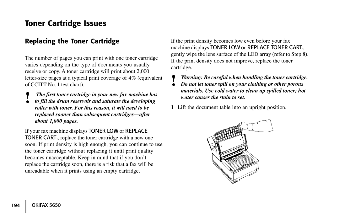 Oki 5650 manual Toner Cartridge Issues, Replacing the Toner Cartridge 