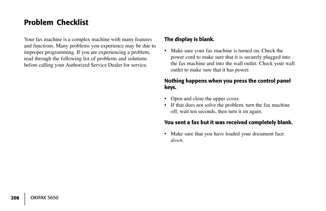 Oki 5650 manual Problem Checklist, Display is blank, Nothing happens when you press the control panel keys 