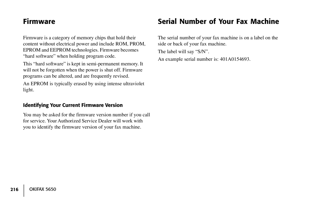 Oki 5650 manual Firmware Serial Number of Your Fax Machine, Identifying Your Current Firmware Version 