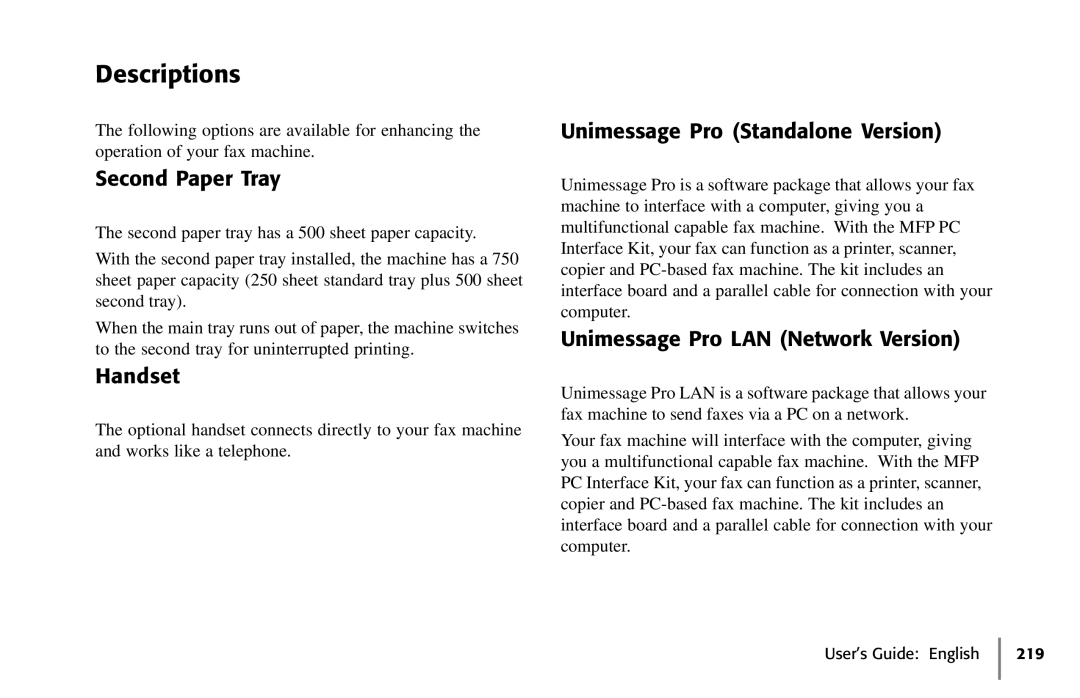 Oki 5650 Descriptions, Second Paper Tray, Handset, Unimessage Pro Standalone Version, Unimessage Pro LAN Network Version 