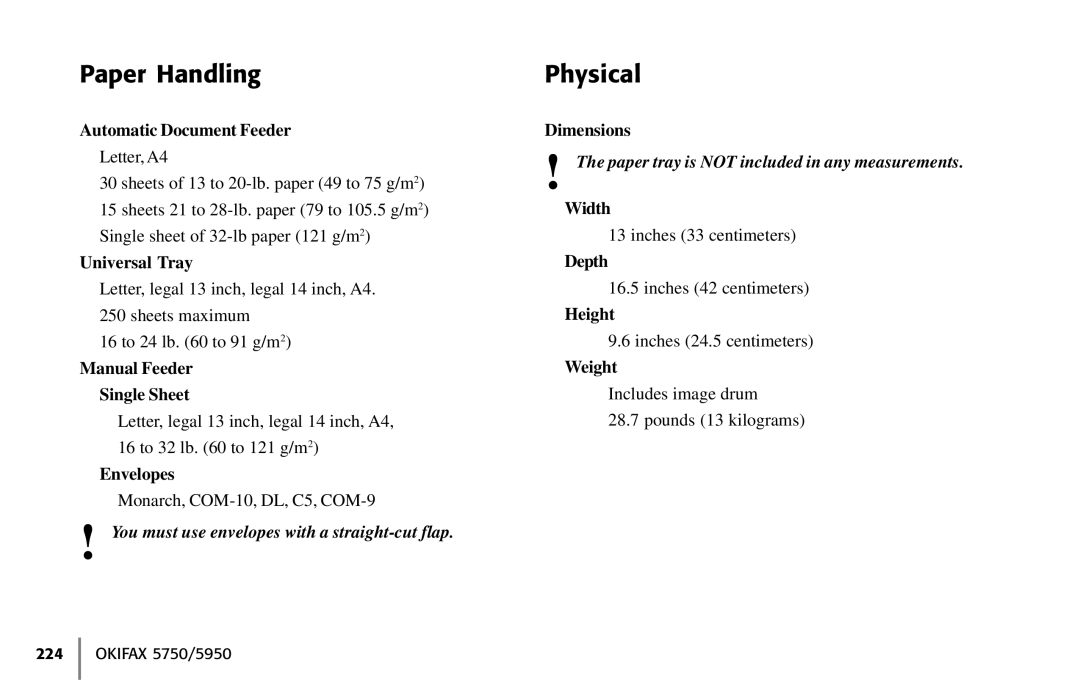 Oki 5650 manual Paper Handling, Physical 