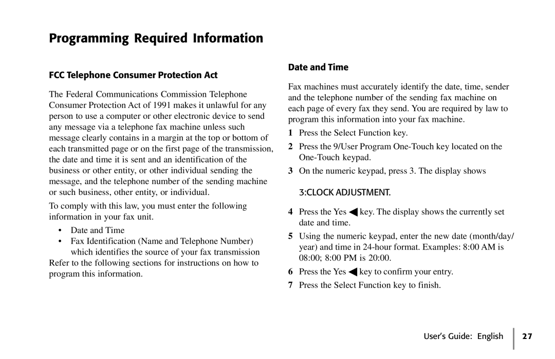 Oki 5650 manual Programming Required Information, FCC Telephone Consumer Protection Act, Date and Time, 3CLOCK Adjustment 