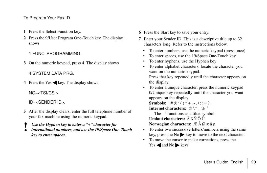 Oki 5650 manual To Program Your Fax ID, 1FUNC. Programming, 4SYSTEM Data PRG, No=Tsi/Csi Id=Sender Id 