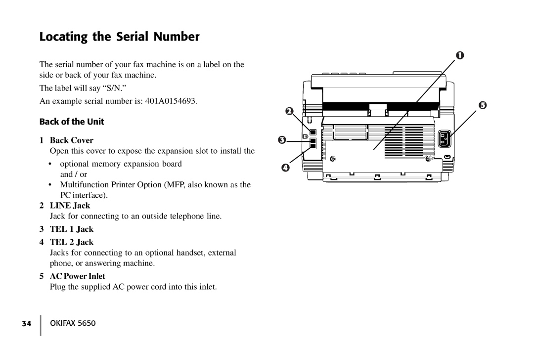 Oki 5650 manual Locating the Serial Number, Back Cover, Line Jack, TEL 1 Jack TEL 2 Jack, AC Power Inlet 