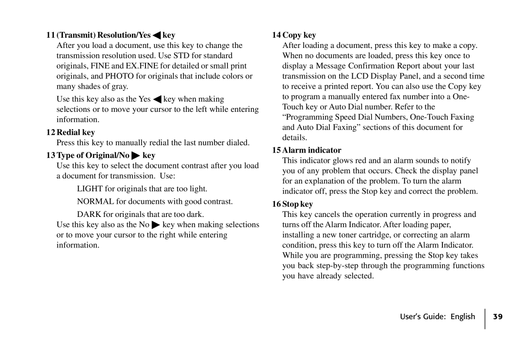 Oki 5650 manual Transmit Resolution/Yes ßkey, Redial key, Type of Original/No key, Copy key, Alarm indicator, Stop key 