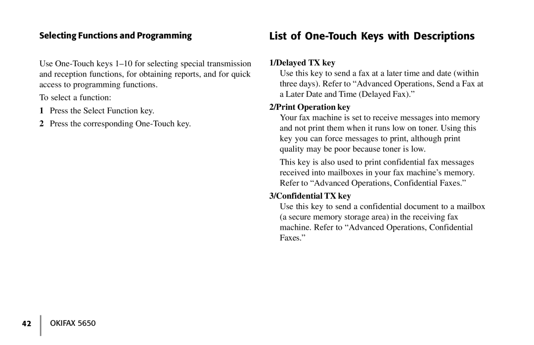 Oki 5650 manual List of One-Touch Keys with Descriptions, Selecting Functions and Programming, Delayed TX key 