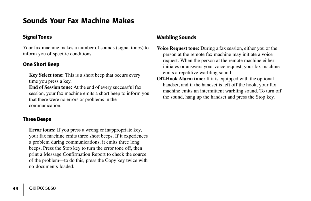 Oki 5650 manual Sounds Your Fax Machine Makes, Signal Tones, One Short Beep, Three Beeps, Warbling Sounds 