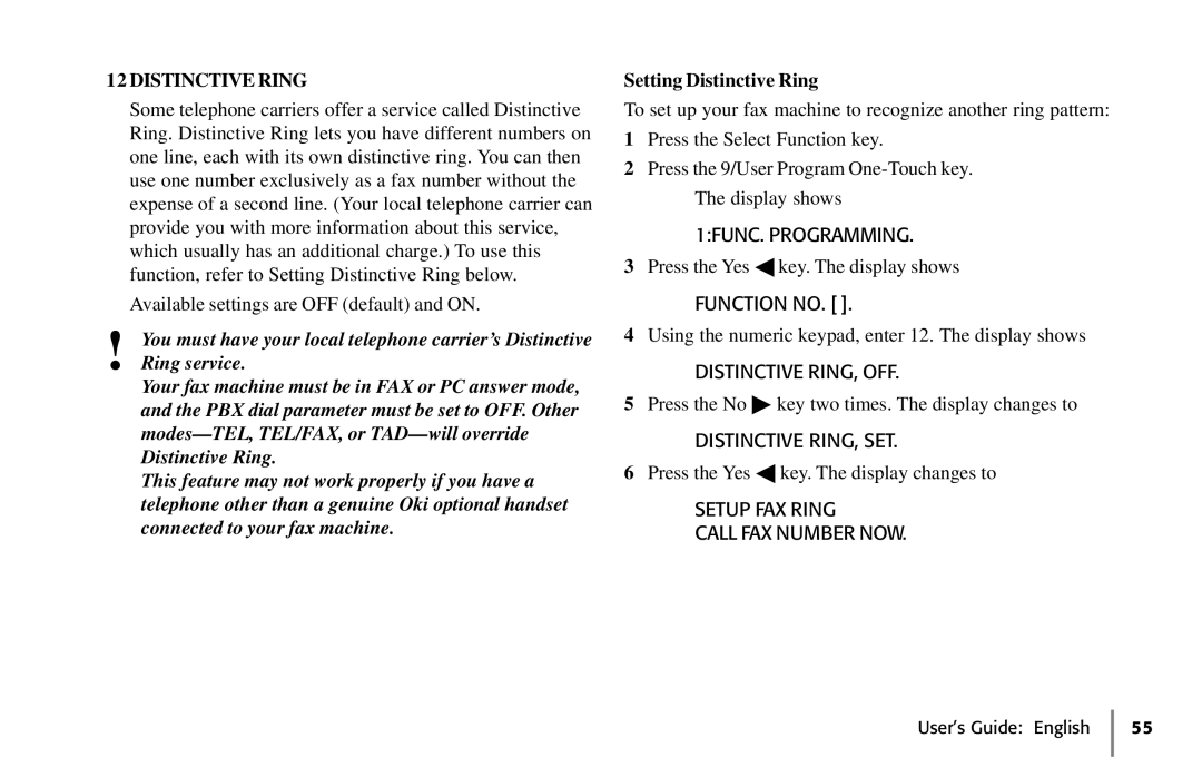 Oki 5650 manual Setting Distinctive Ring, Function no, Distinctive RING, OFF, Distinctive RING, SET 