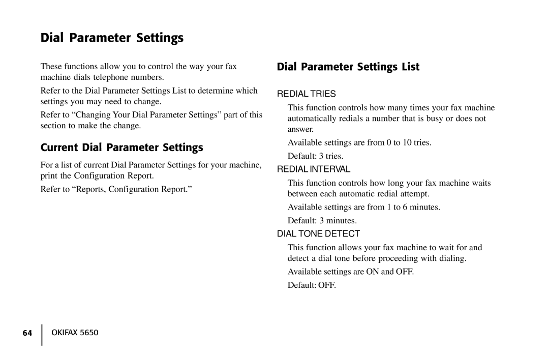 Oki 5650 manual Current Dial Parameter Settings, Dial Parameter Settings List 