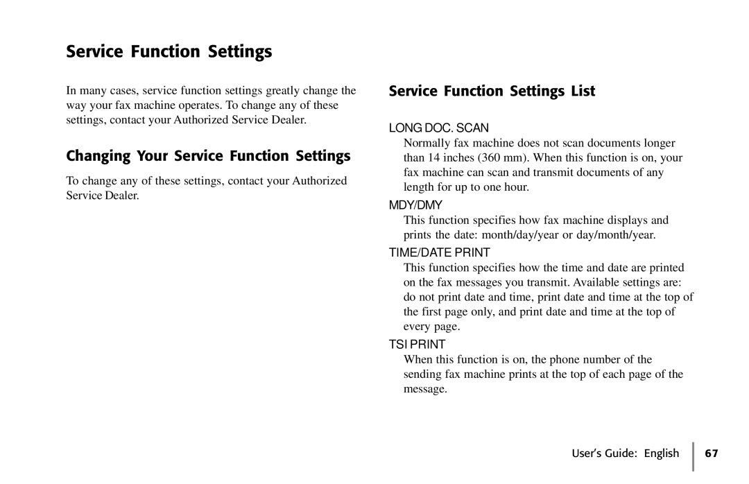 Oki 5650 manual Changing Your Service Function Settings, Service Function Settings List 