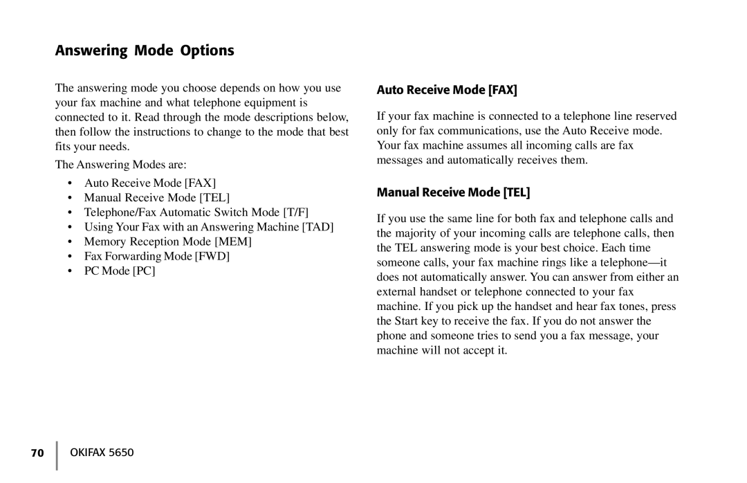 Oki 5650 manual Answering Mode Options, Auto Receive Mode FAX, Manual Receive Mode TEL 