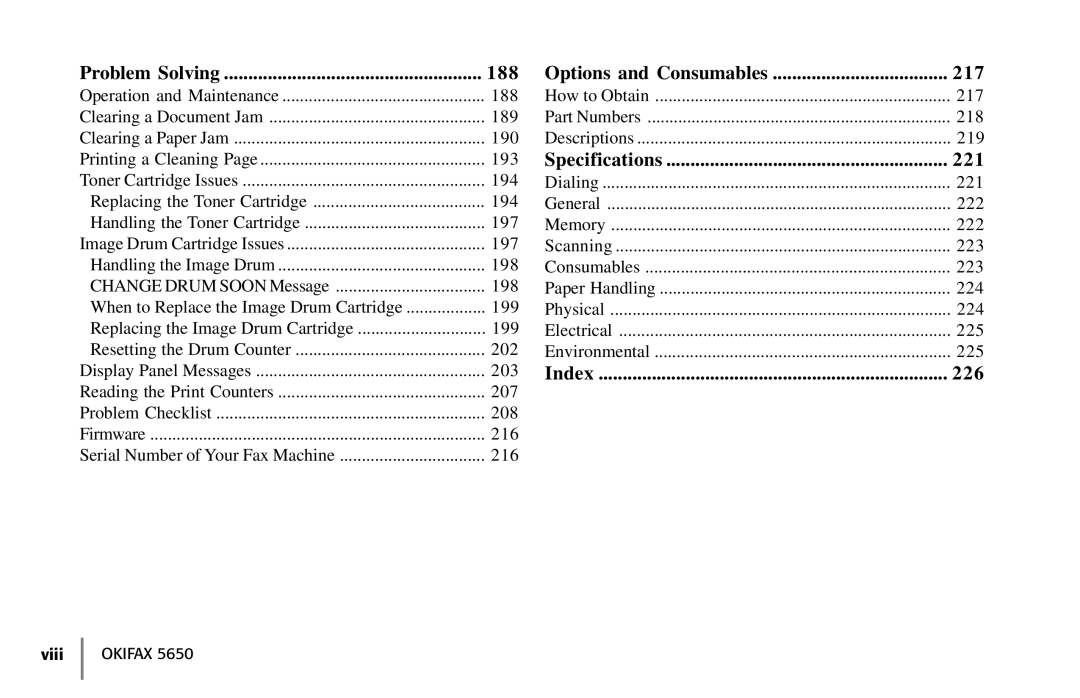 Oki 5650 manual Problem Solving, Options and Consumables, Specifications, Index 