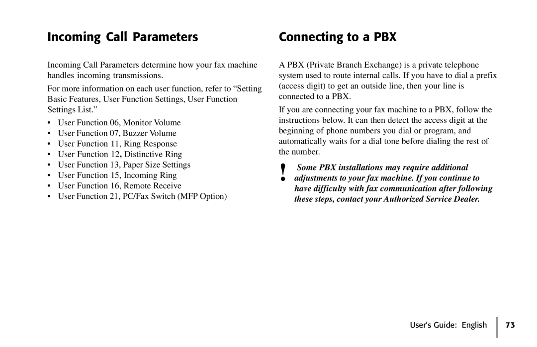 Oki 5650 manual Incoming Call Parameters Connecting to a PBX 