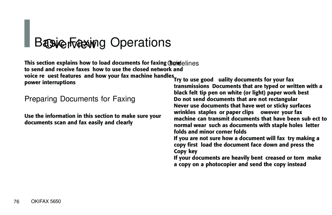 Oki 5650 manual Basic Faxing Operations, Preparing Documents for Faxing, Guidelines 