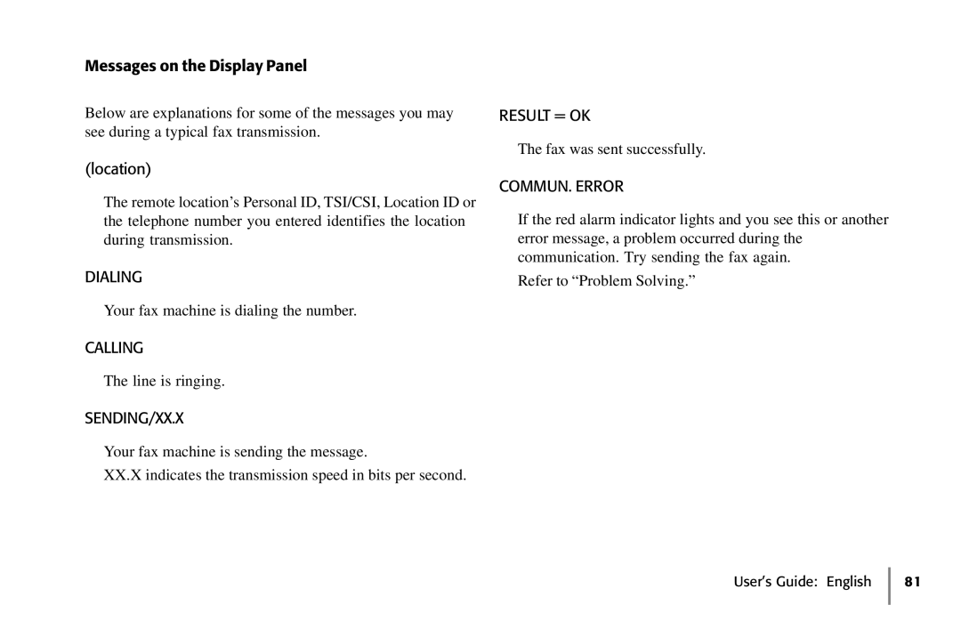 Oki 5650 manual Dialing, Calling, Sending/Xx.X, Result = OK, COMMUN. Error 