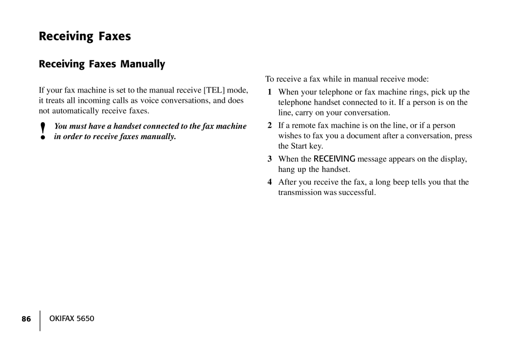 Oki 5650 manual Receiving Faxes Manually 