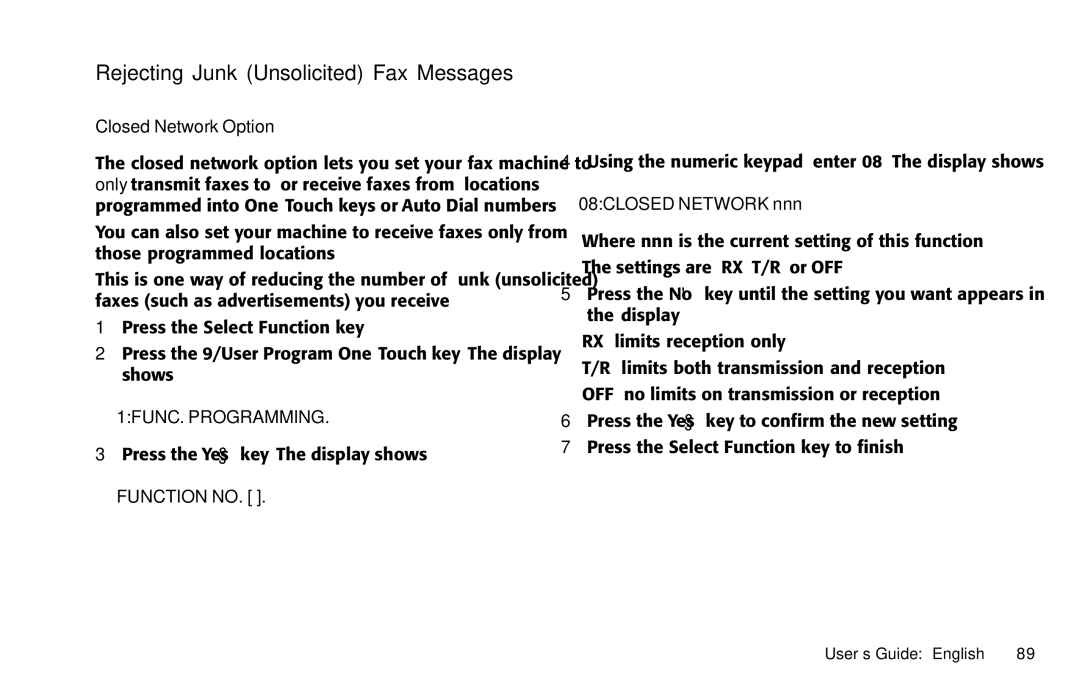 Oki 5650 manual Rejecting Junk Unsolicited Fax Messages, Closed Network Option, 08CLOSED Network nnn 