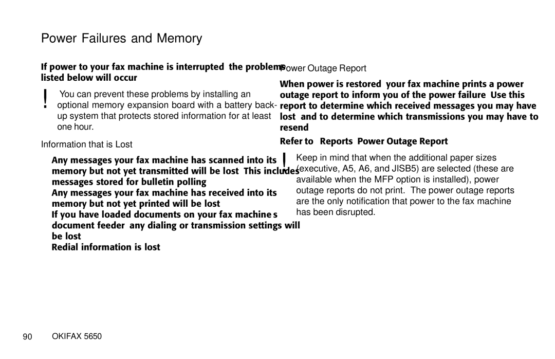 Oki 5650 manual Power Failures and Memory, Information that is Lost, Power Outage Report 