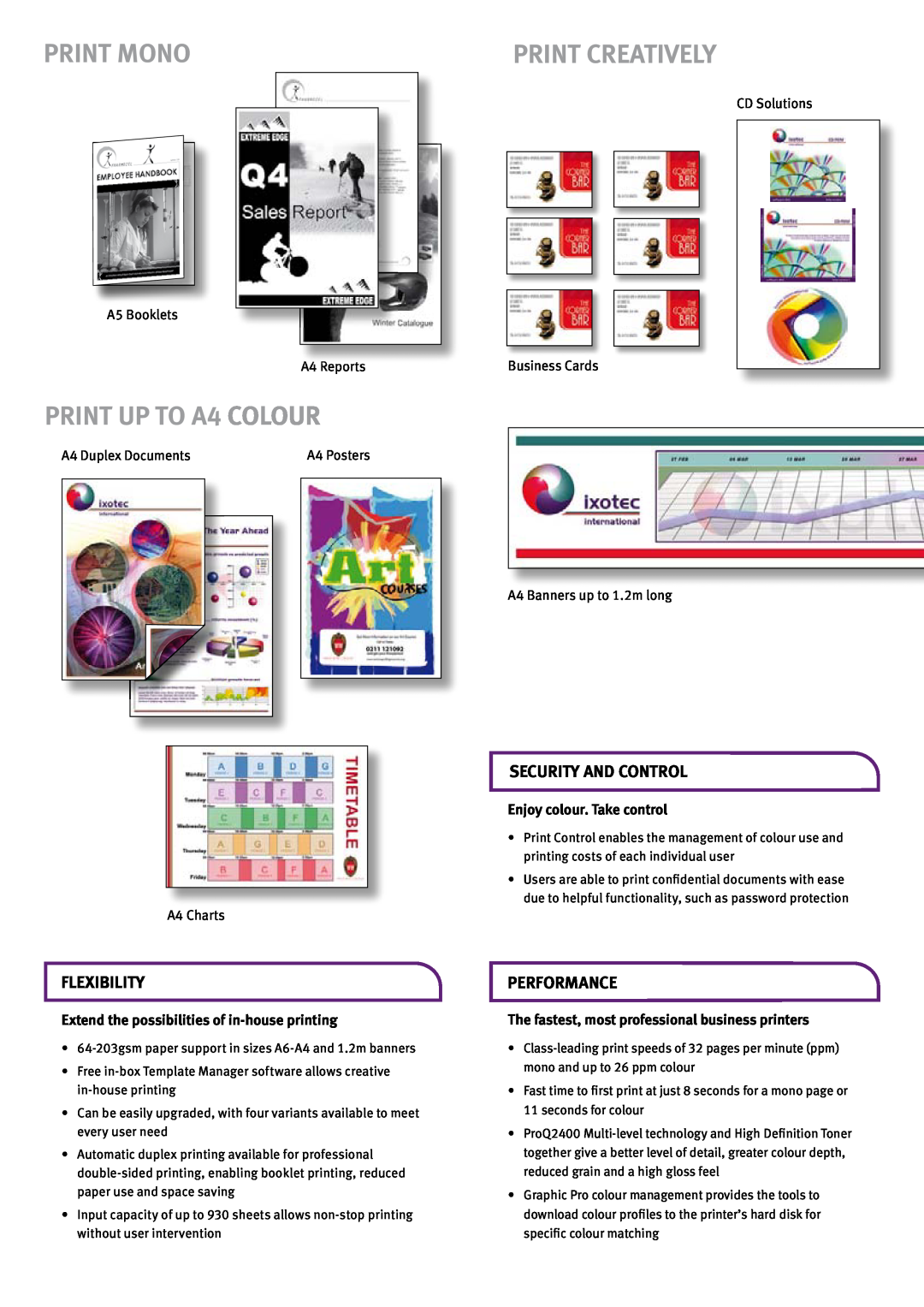 Oki C5750N manual Flexibility, Security And Control, Performance, Extend the possibilities of in-house printing, Print Mono 