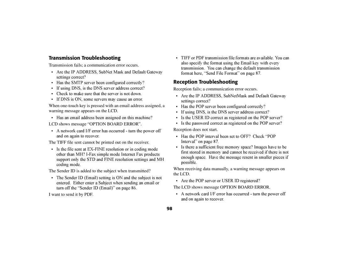 Oki 56801 manual Transmission Troubleshooting, Reception Troubleshooting 