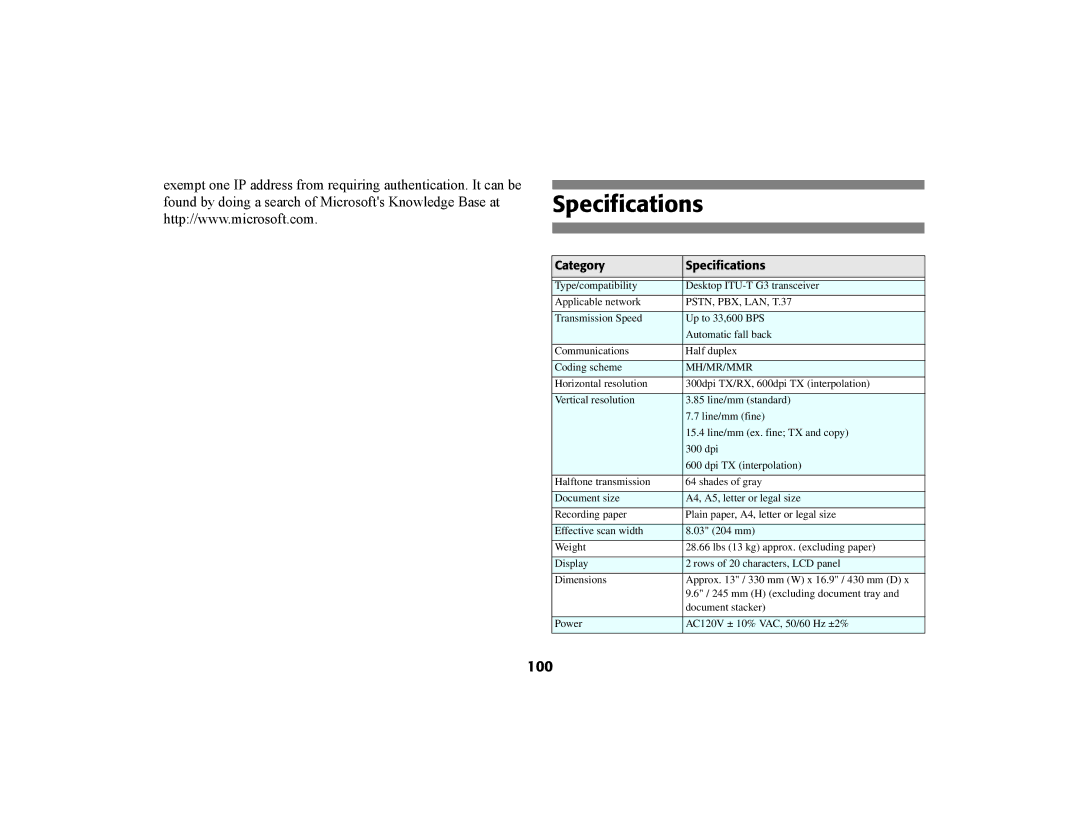 Oki 56801 manual Specifications, 100 