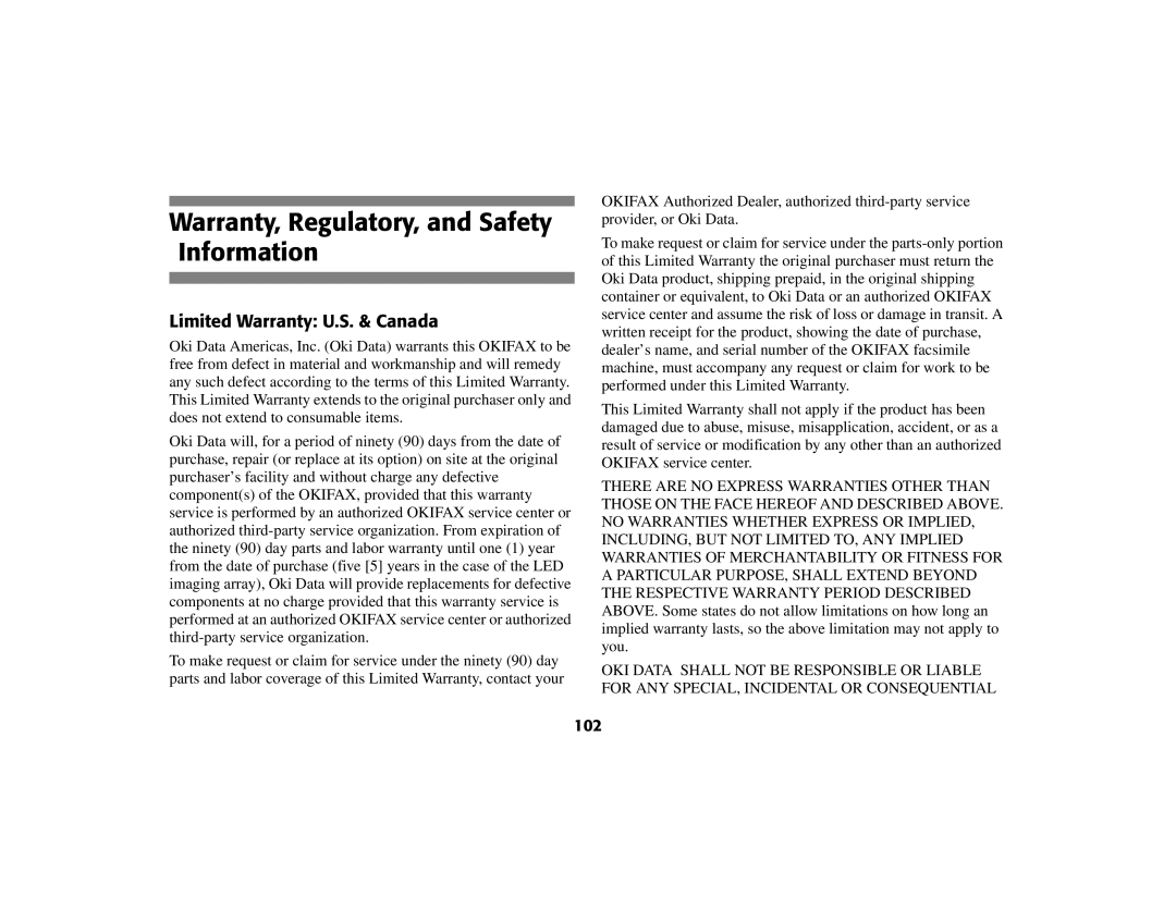 Oki 56801 manual Warranty, Regulatory, and Safety Information, Limited Warranty U.S. & Canada, 102 