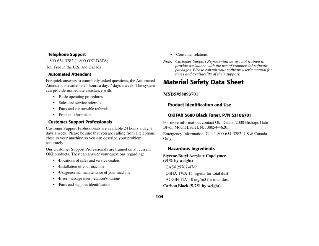 Oki 56801 Material Safety Data Sheet, Product Identification and Use Okifax 5680 Black Toner, P/N, Hazardous Ingredients 