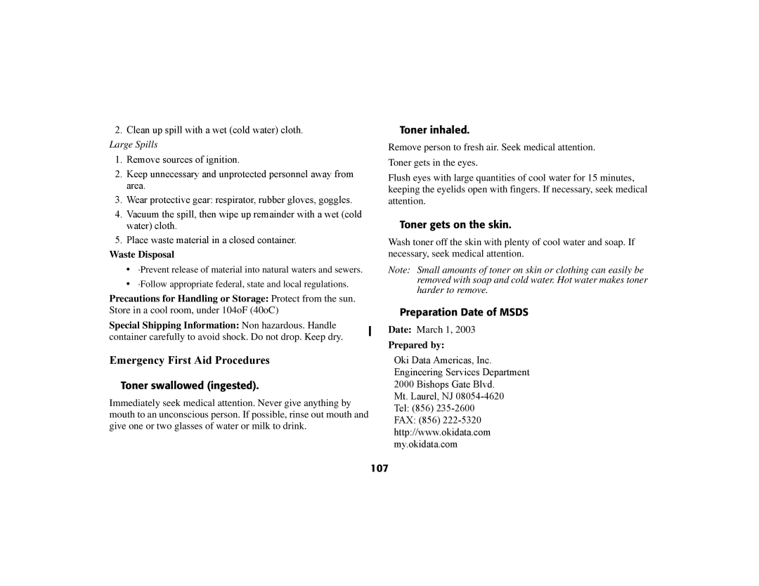 Oki 56801 manual Toner swallowed ingested, Toner inhaled, Toner gets on the skin, Preparation Date of Msds, 107 