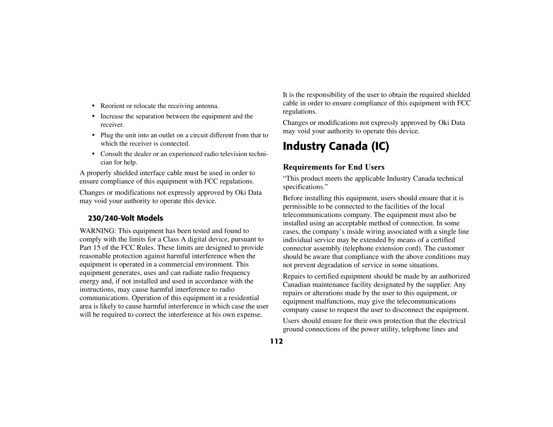 Oki 56801 manual Industry Canada IC, 230/240-Volt Models, 112 