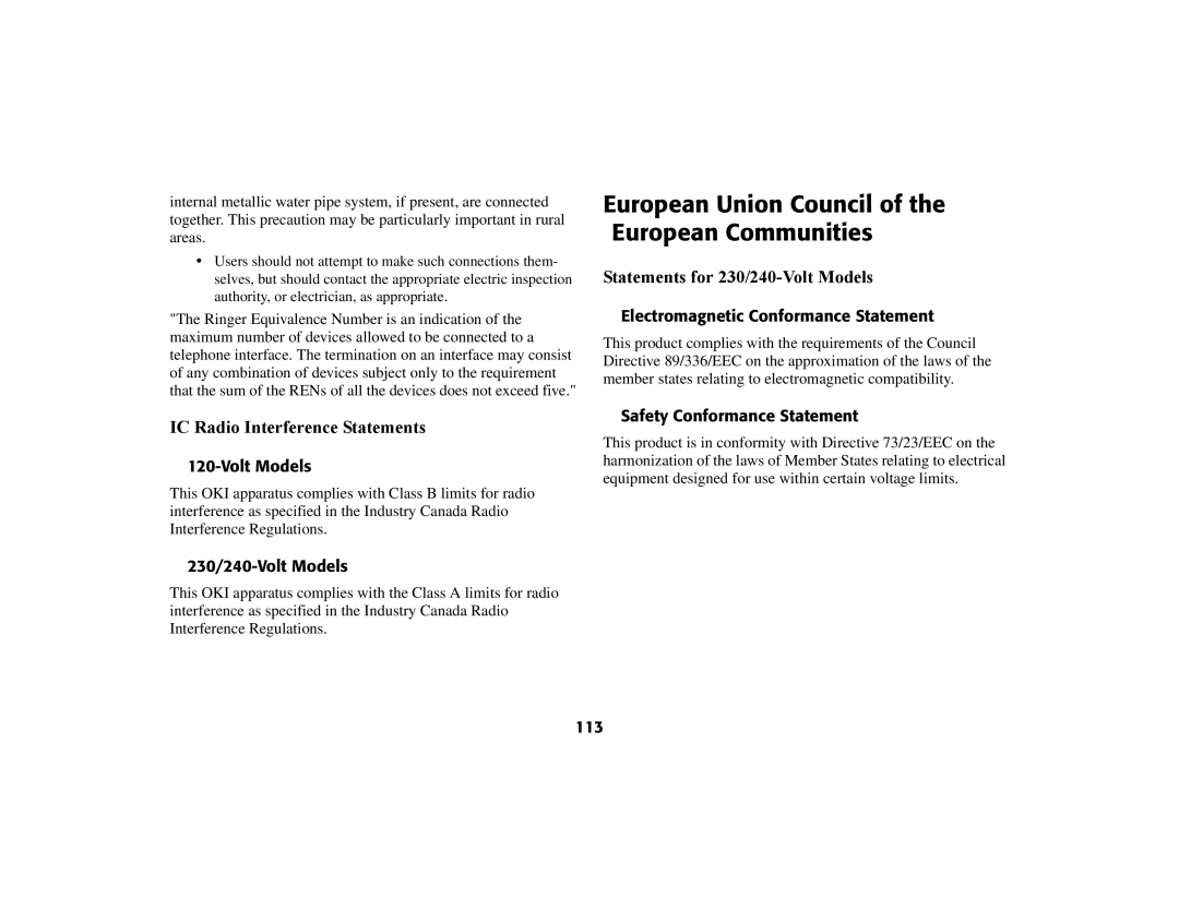 Oki 56801 manual European Union Council of the European Communities, Electromagnetic Conformance Statement, 113 