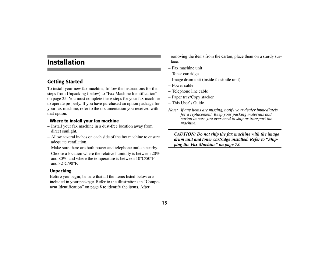 Oki 56801 manual Installation, Getting Started, Where to install your fax machine, Unpacking 