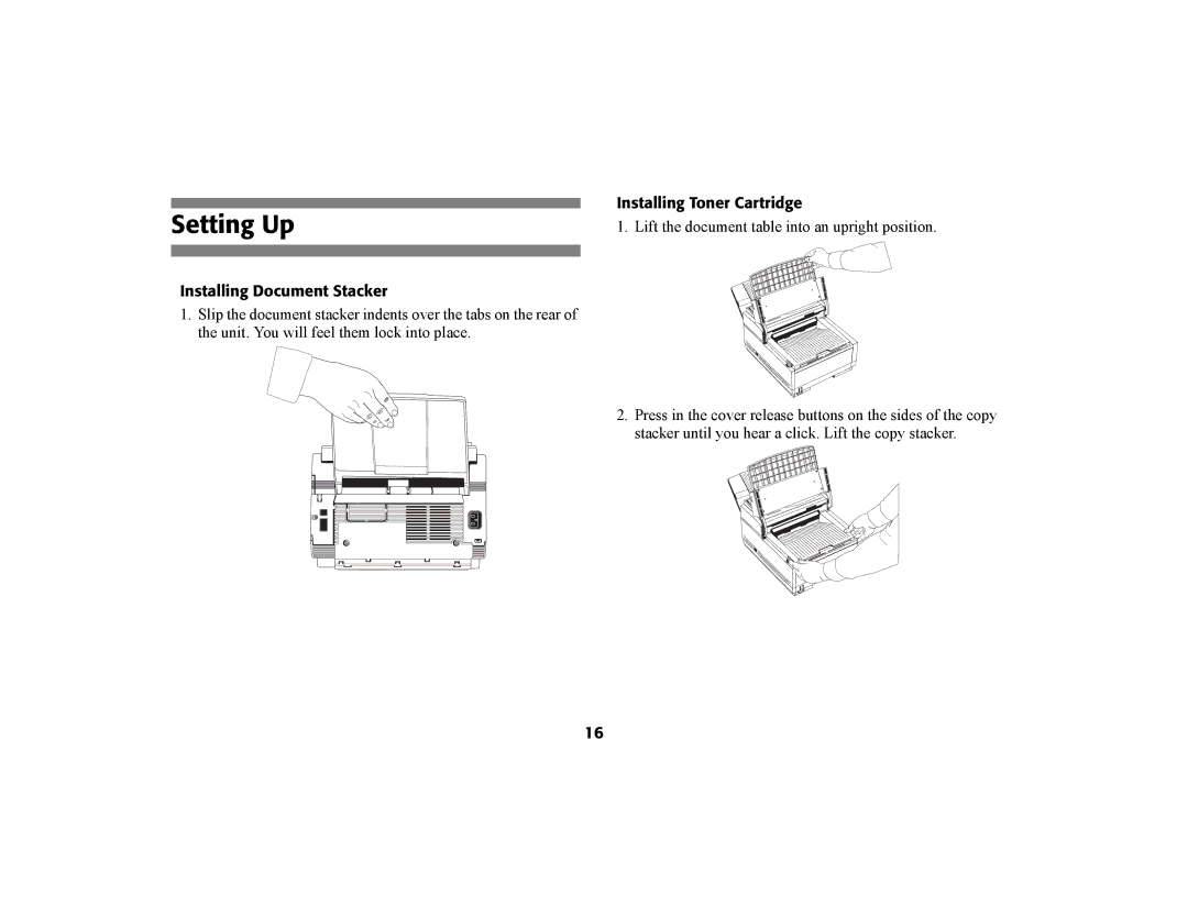 Oki 56801 manual Setting Up, Installing Document Stacker, Installing Toner Cartridge 